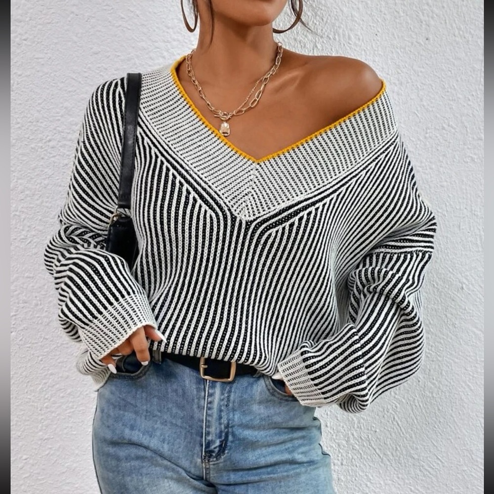 Plus size striped V neck sweater top - Picture 1 of 12